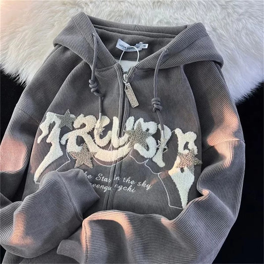 Women Y2K Embroidery Retro Hoodies Autumn Winter Corduroy Zip up Hoodie Long Sleeve Fashion Loose Graphic Sweatshirt Casual Coat